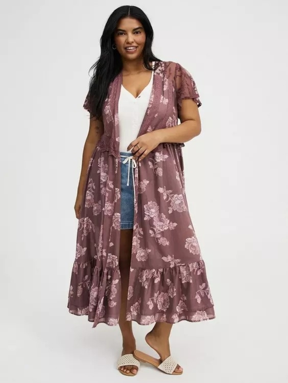 torrid Dusty Mauve Floral Lace-Trim Kimono Duster